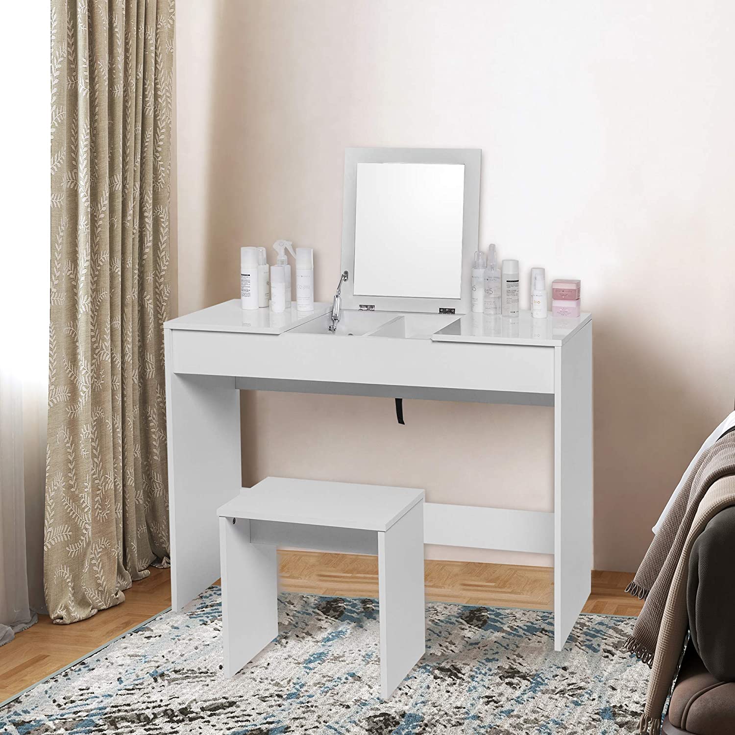 make-up table with stool, foldable mirror, high-gloss top