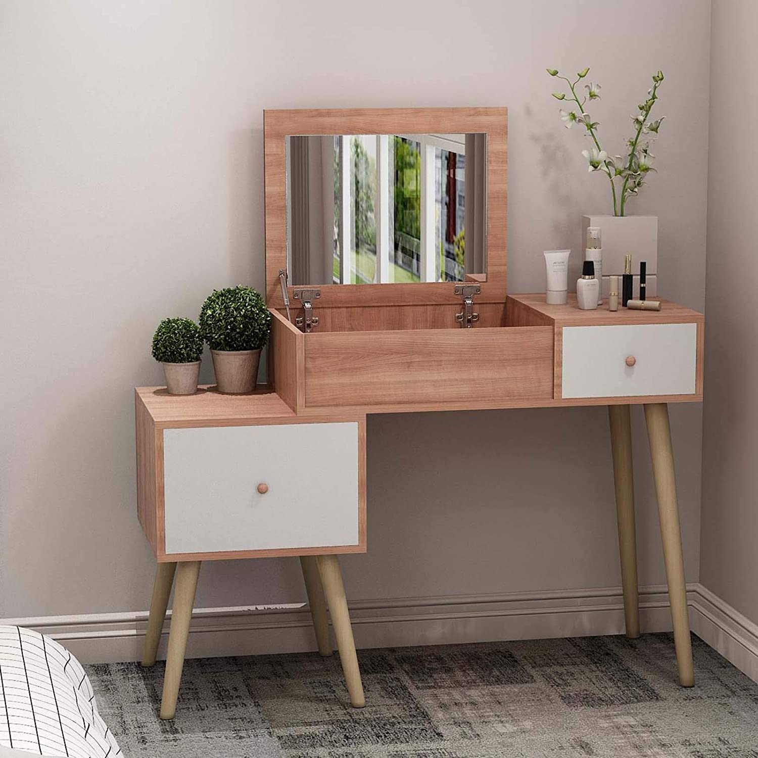 Wooden Vanity Makeup Desk with Mirror and Drawers Bedroom