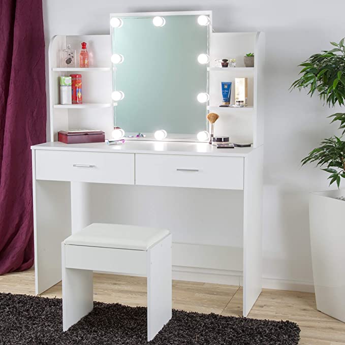 White Vanity cosmetic table with stool, LED light&mirror