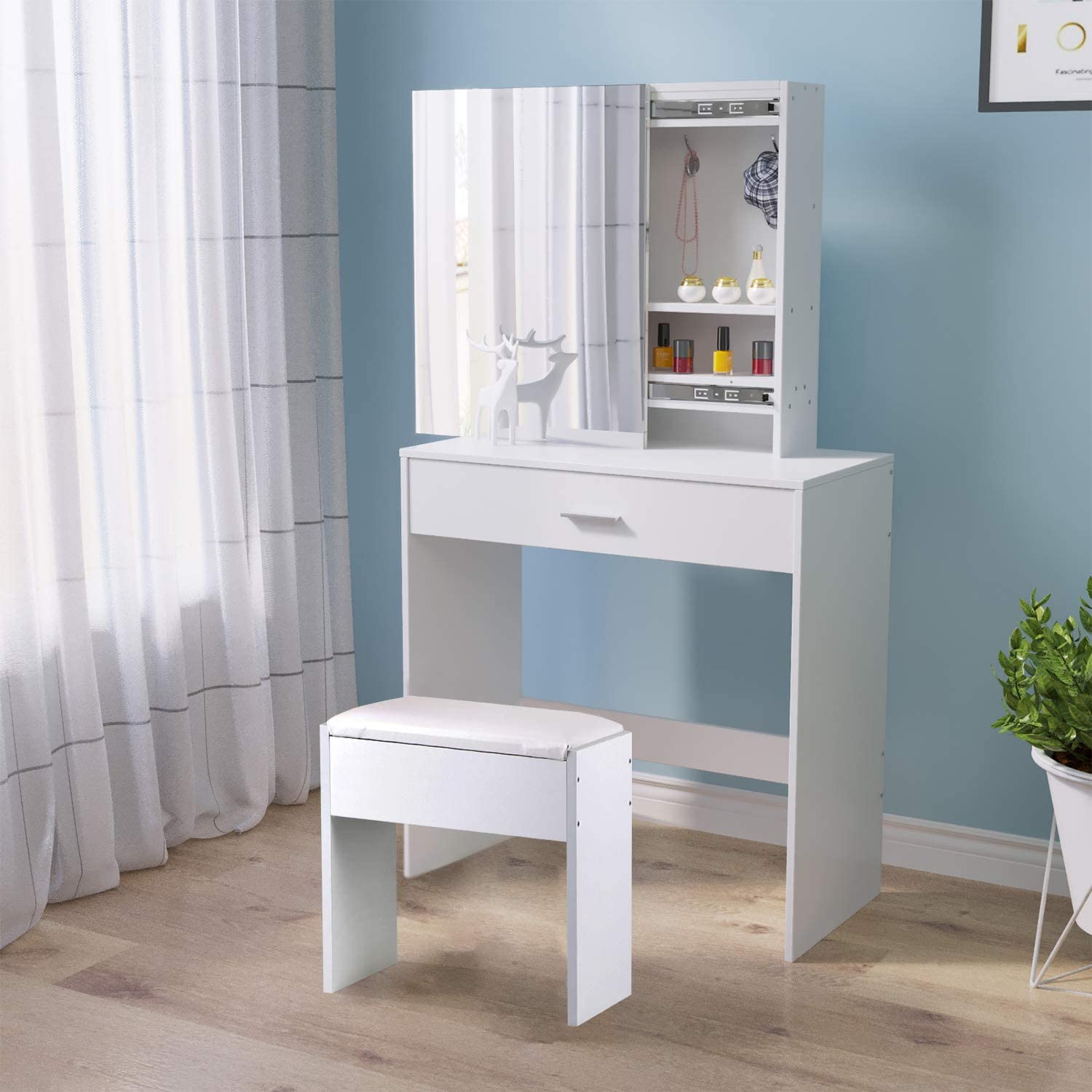 White dressing table with movable mirror, drawer, stool